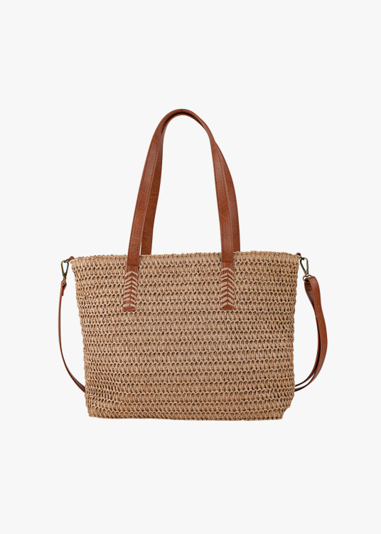 Bolso tote con Bandolera Rafia detalle borlas marrón