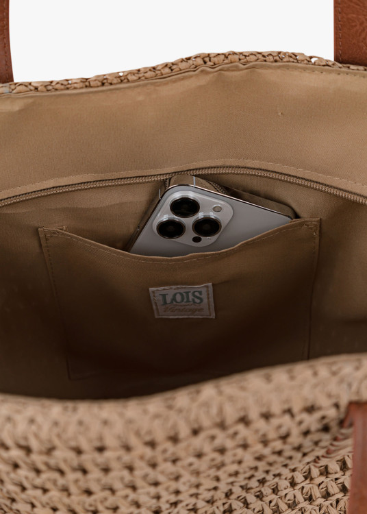 Bolso tote con Bandolera Rafia detalle borlas marrón