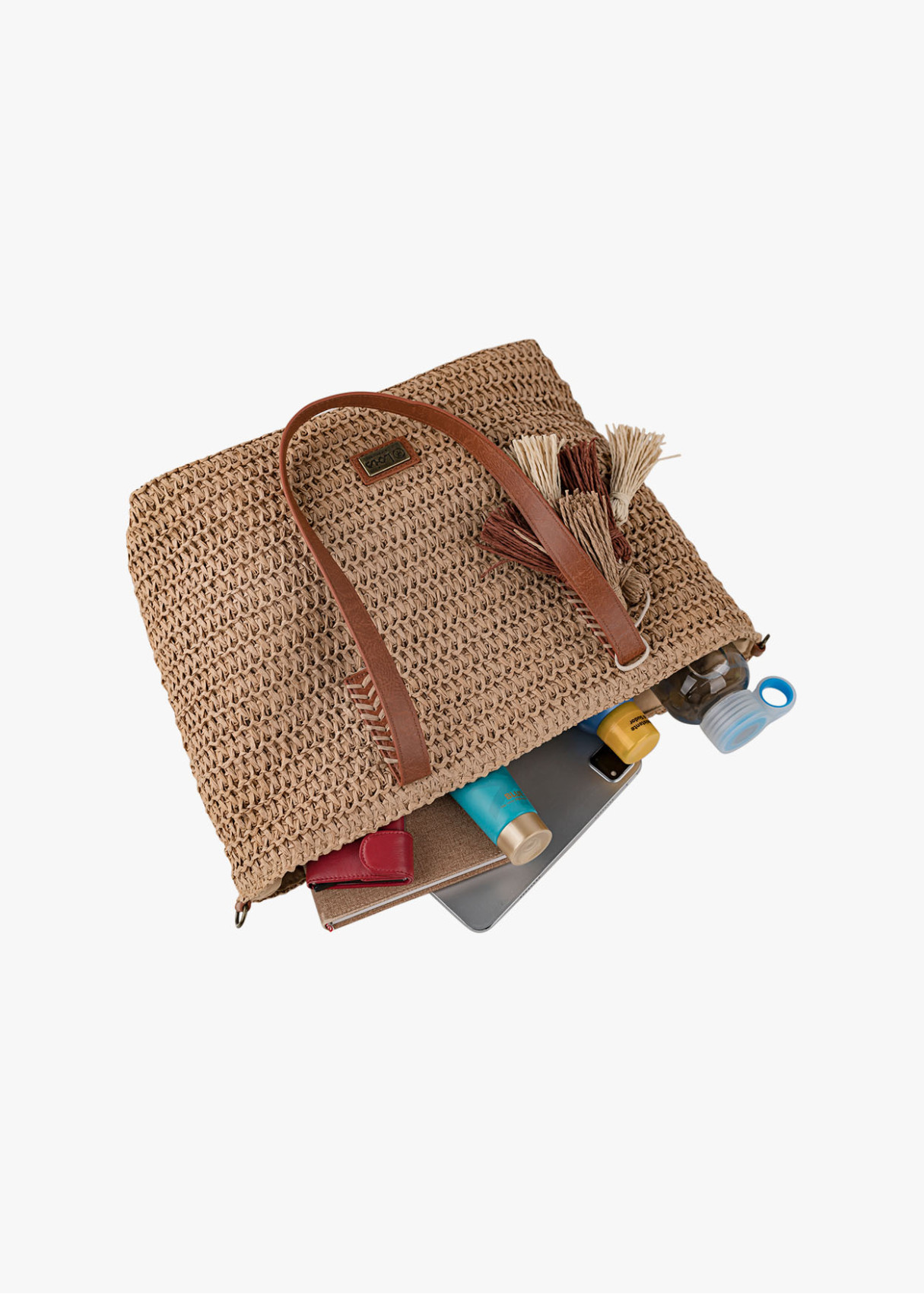 Bolso tote con Bandolera Rafia detalle borlas marrón