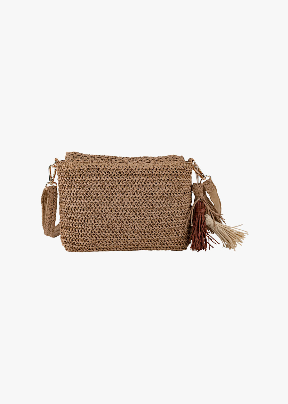 Bolso Bandolera Rafia Estilo veraniego detalle borlas marrón