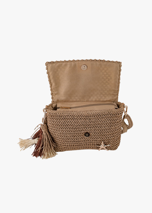 Bolso Bandolera Rafia Estilo veraniego detalle borlas marrón