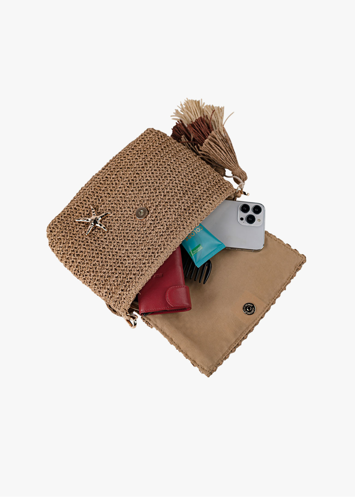 Bolso Bandolera Rafia Estilo veraniego detalle borlas marrón