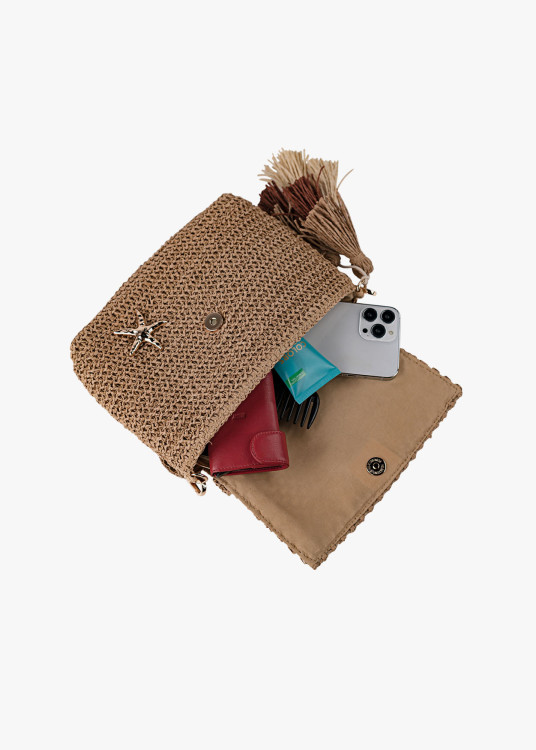 Bolso Bandolera Rafia Estilo veraniego detalle borlas marrón