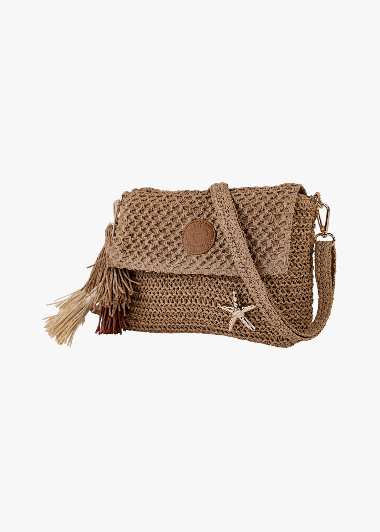 Bolso Bandolera Rafia Estilo veraniego detalle borlas marrón