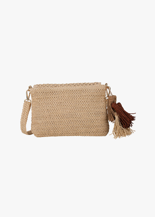 Bolso Bandolera Rafia Estilo veraniego detalle borlas beige