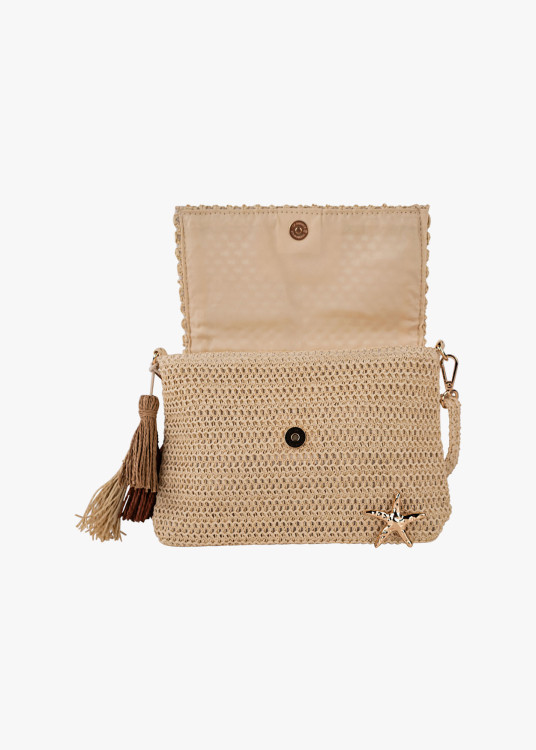 Bolso Bandolera Rafia Estilo veraniego detalle borlas beige