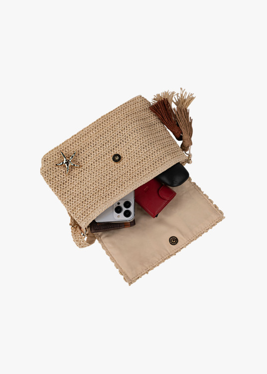 Bolso Bandolera Rafia Estilo veraniego detalle borlas beige
