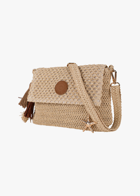Bolso Bandolera Rafia Estilo veraniego detalle borlas beige