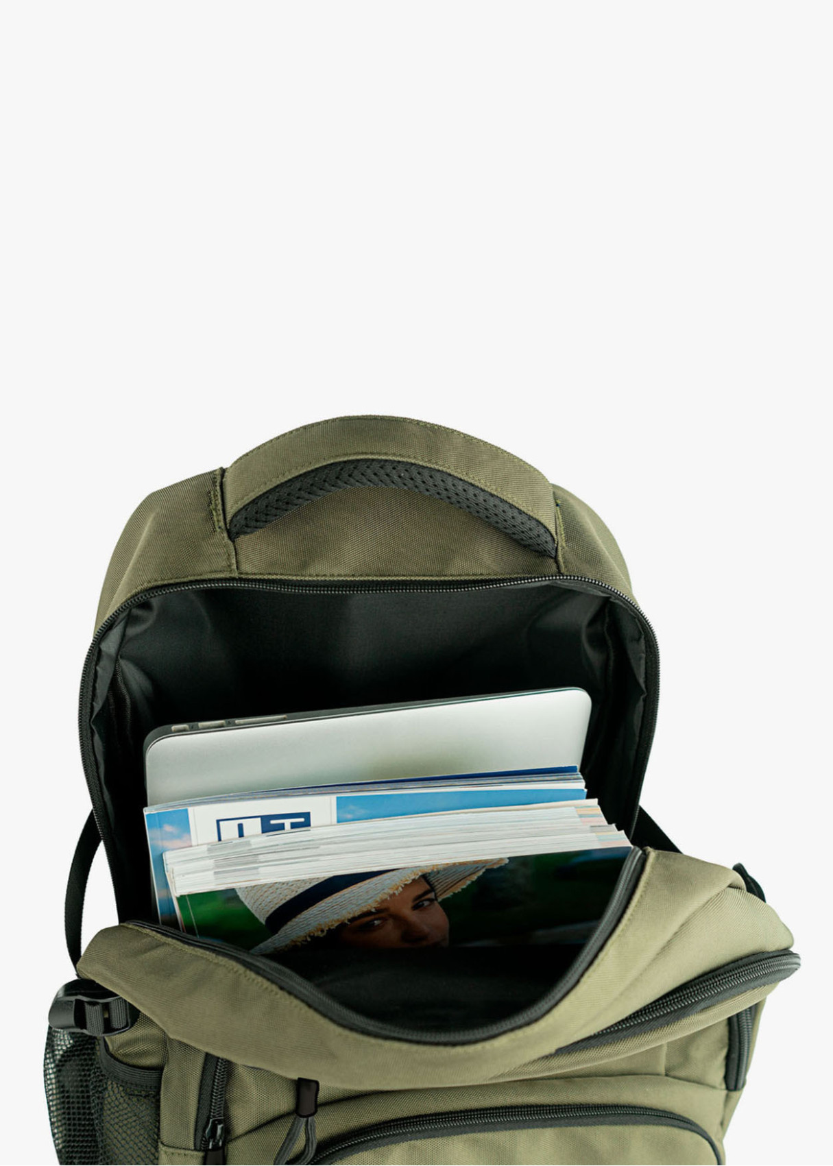 Mochila casual multifuncional bolsillos caqui