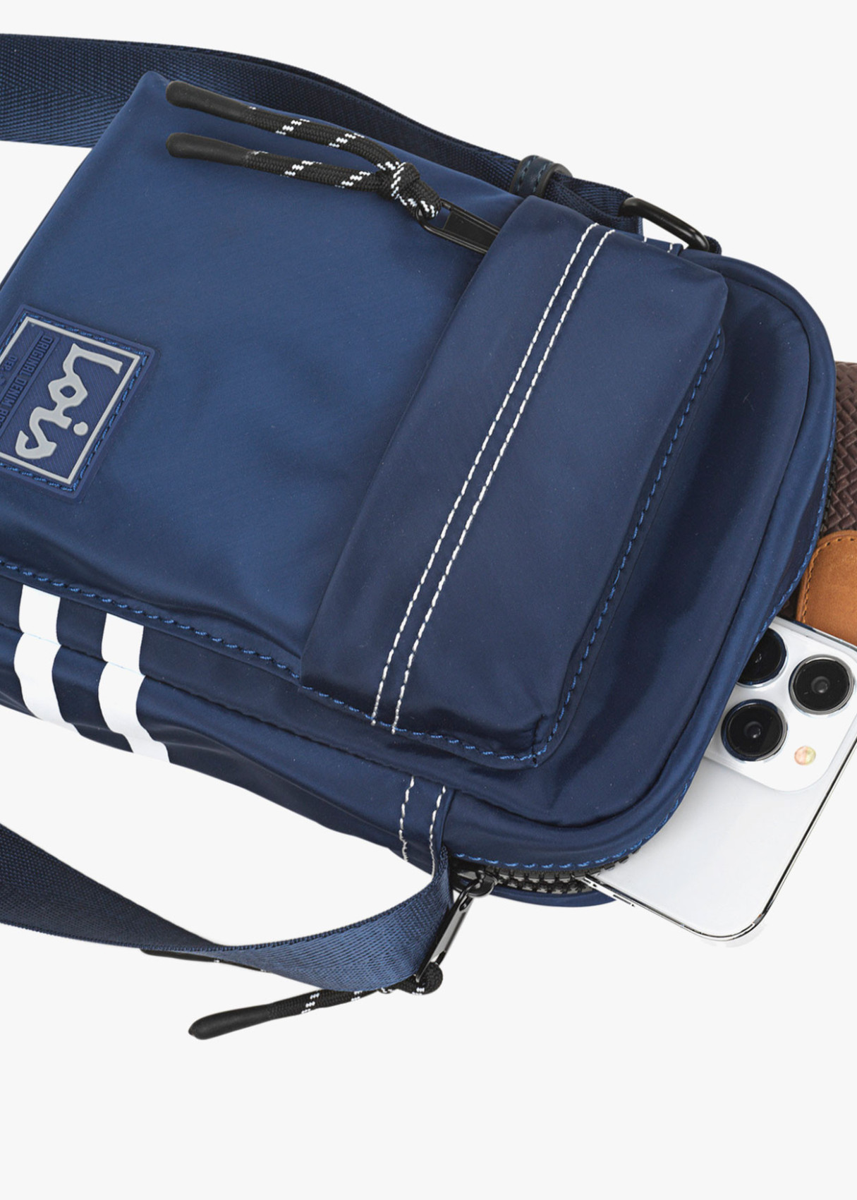 Bandolera ajustable con bolsillo y logo frontal azul