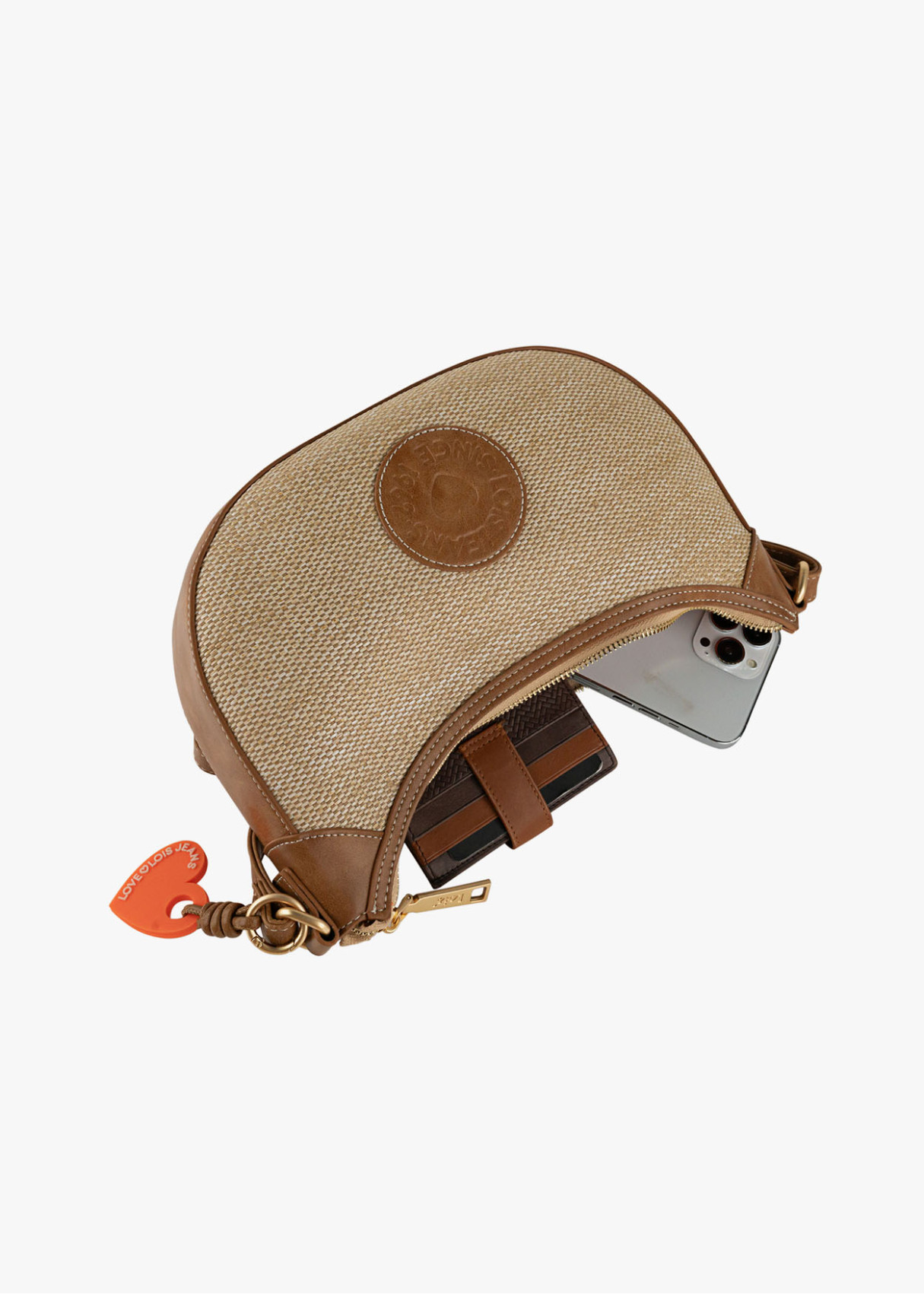Bolso Bandolera rafia detalle llavero corazón marrón