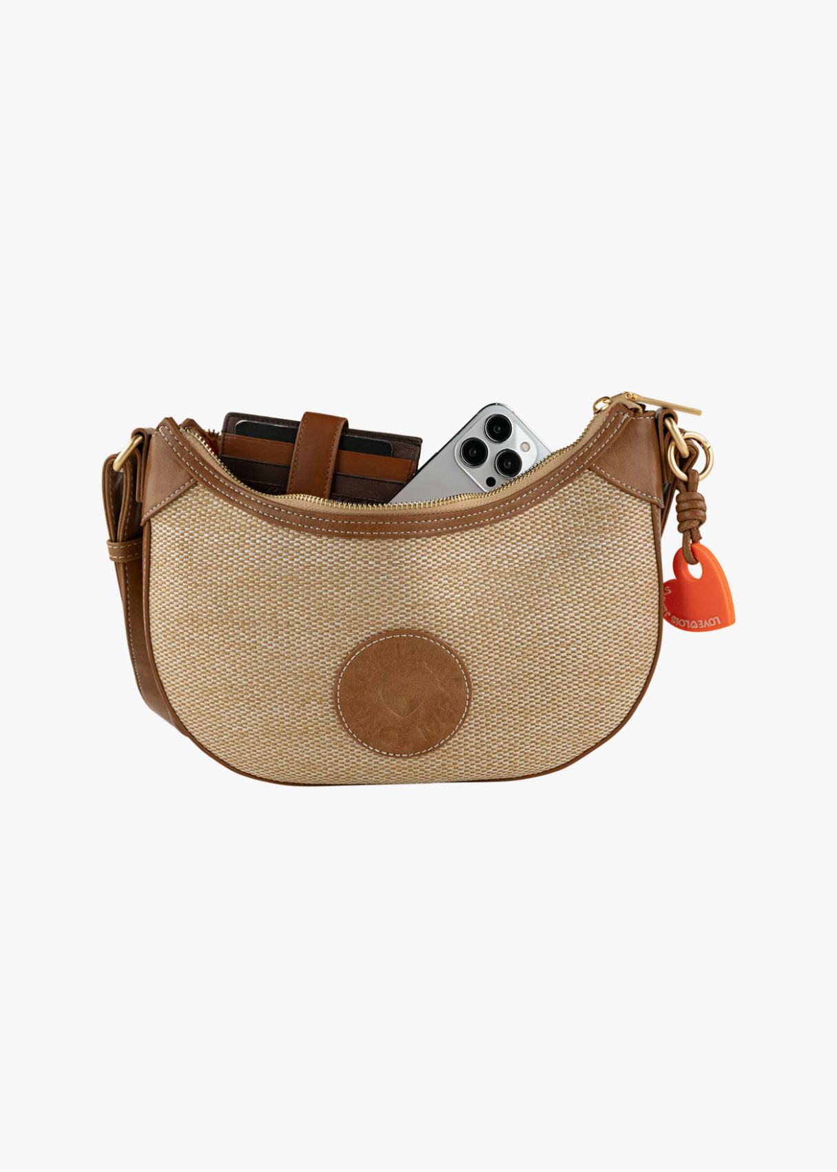 Bolso Bandolera rafia detalle llavero corazón marrón