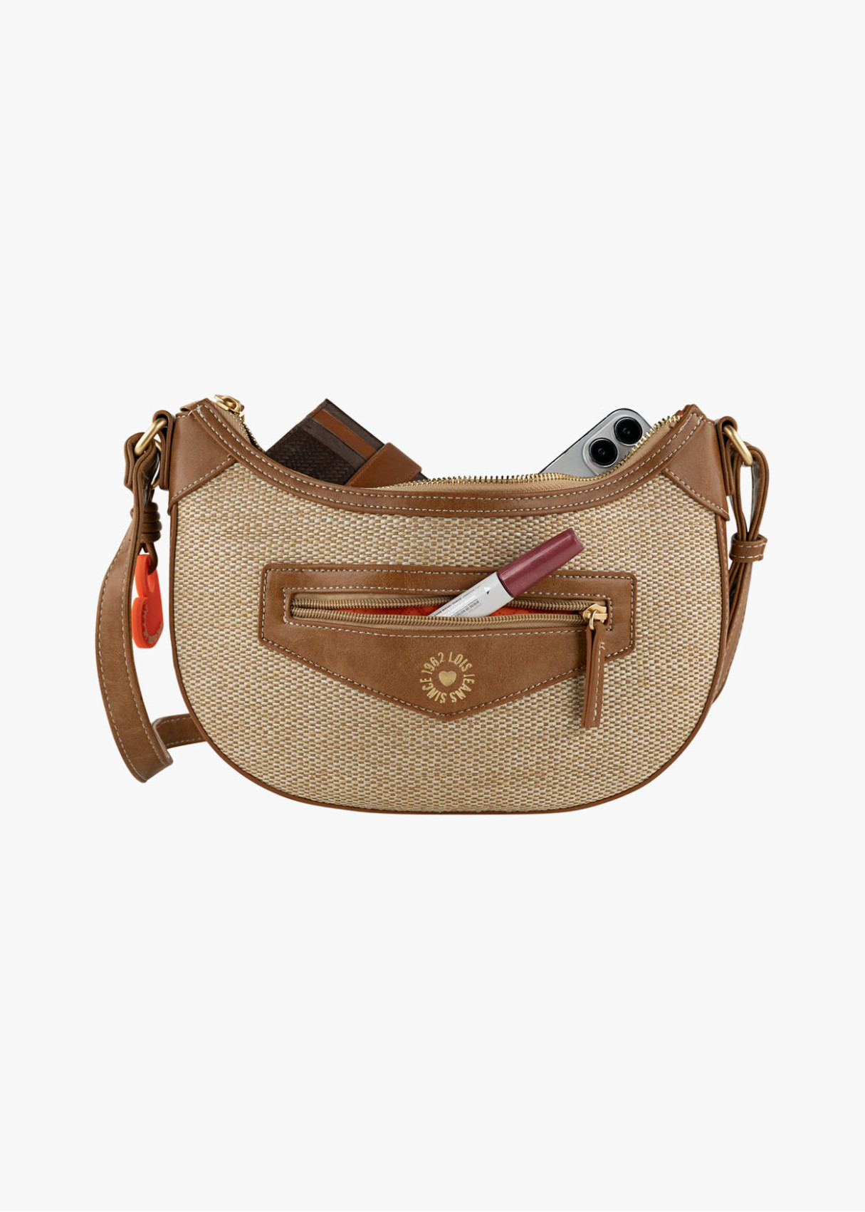 Bolso Bandolera rafia detalle llavero corazón marrón