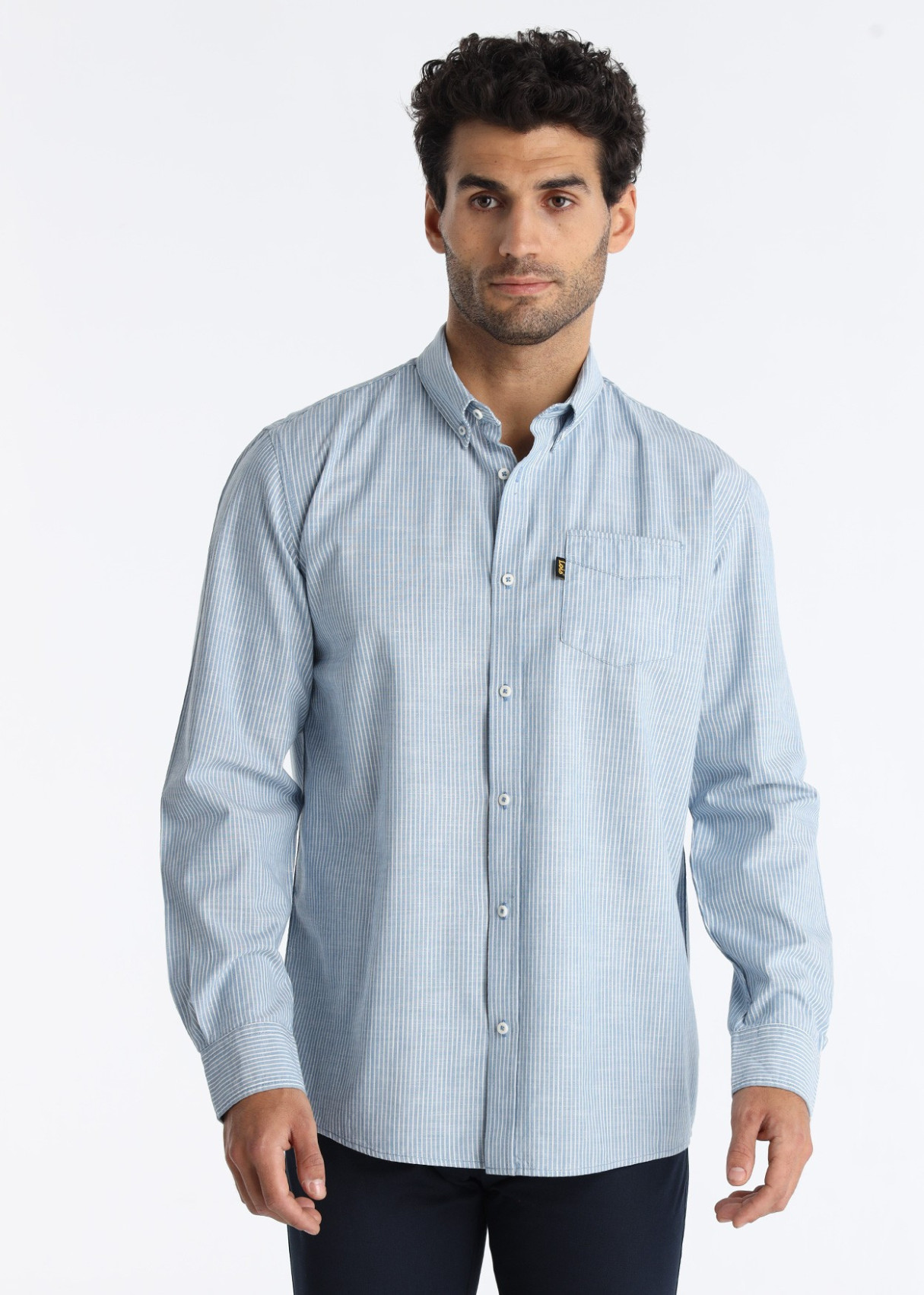 Camisa Rayas Verticales Bolsillo Frontal Azul