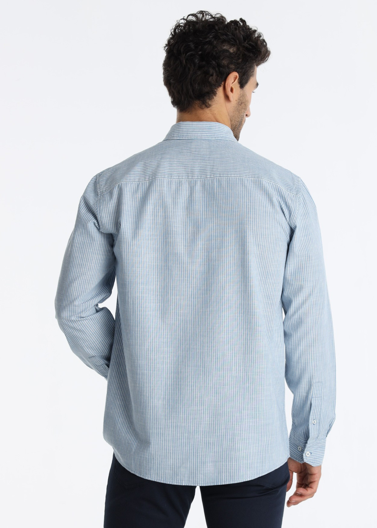 Camisa Rayas Verticales Bolsillo Frontal Azul