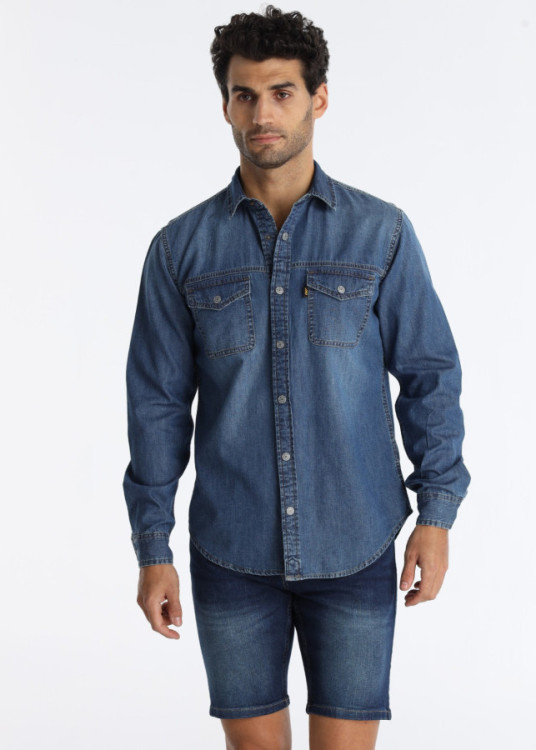Camisa Vaquera Con Canesú Delantero Y Lavado Denim Azul