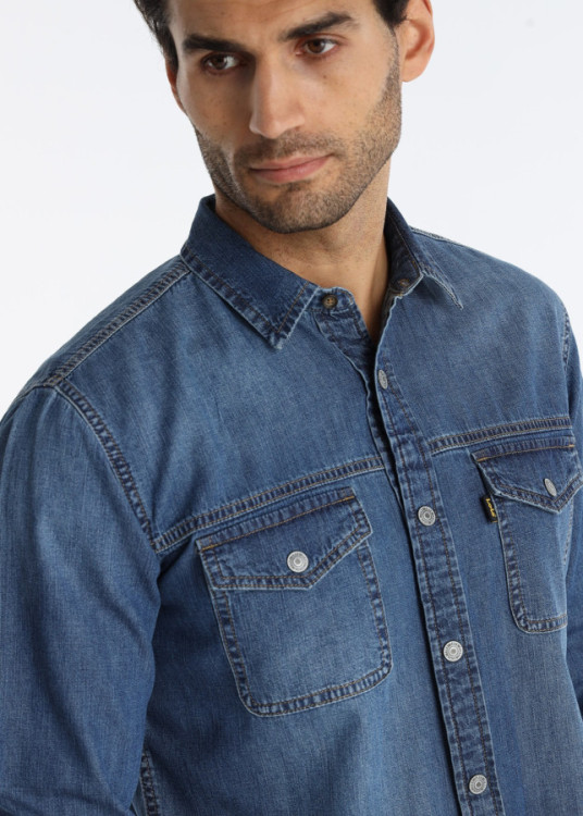 Camisa Vaquera Con Canesú Delantero Y Lavado Denim Azul