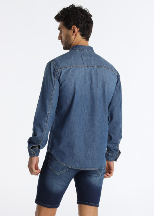 Camisa Vaquera Con Canesú Delantero Y Lavado Denim Azul
