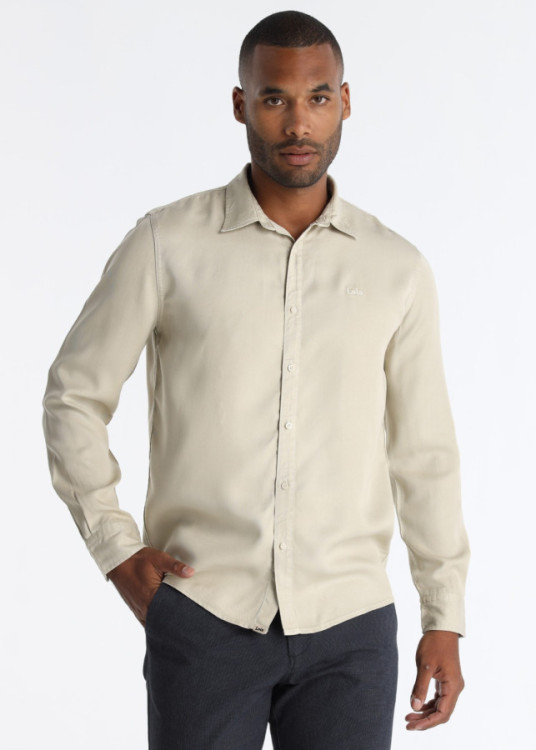 Camisa De Fibras De Tencel Con Logo Bordado Amarillo Beige