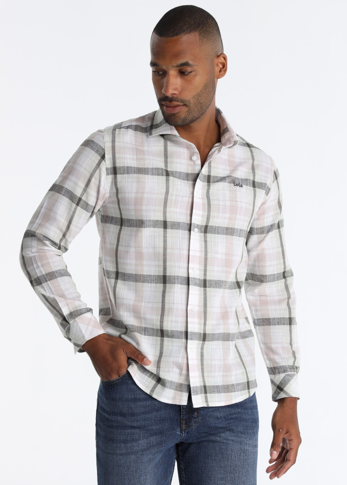Camisa Cuadros Mezcla Lino Algodón Blanco