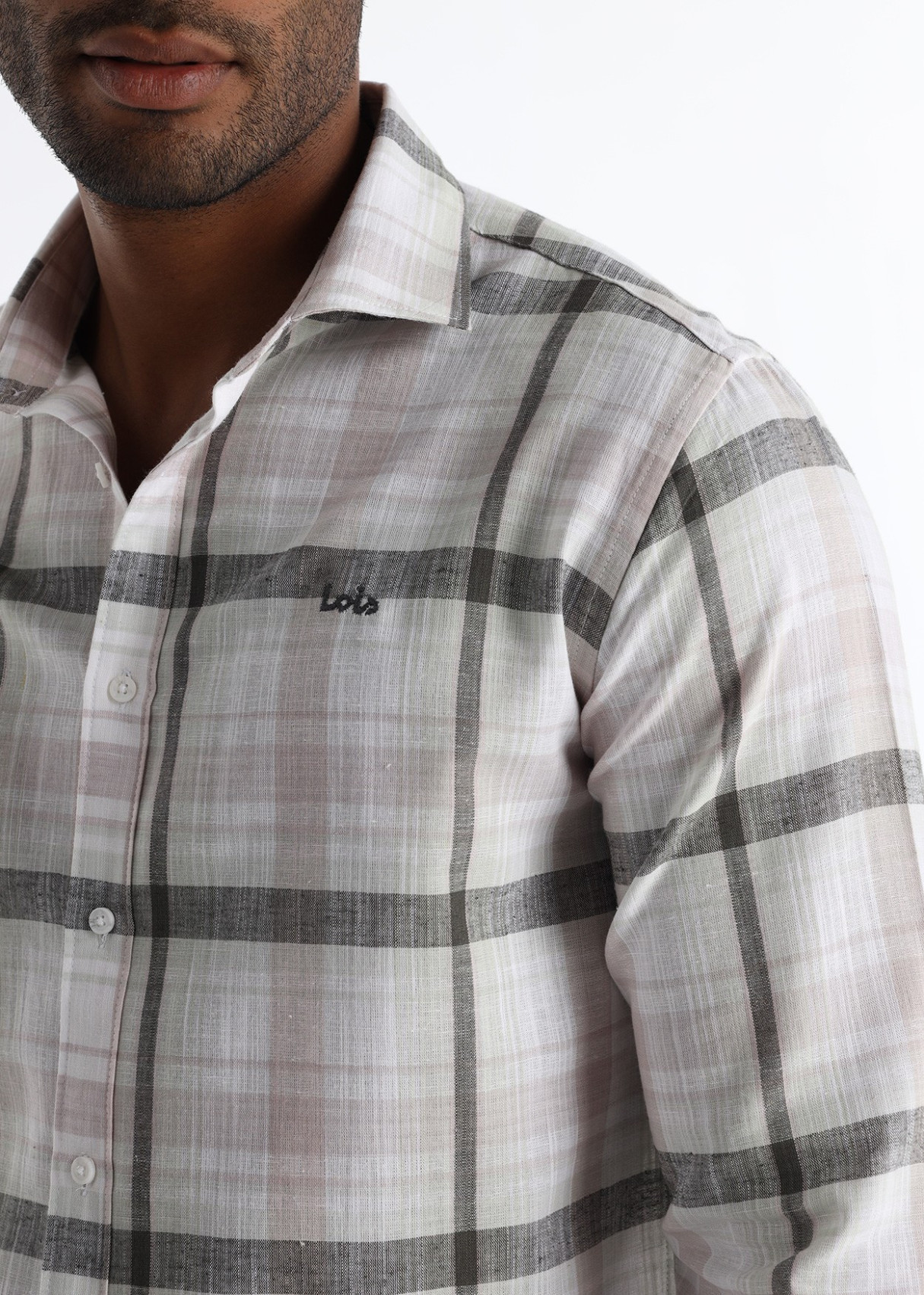 Camisa Cuadros Mezcla Lino Algodón Blanco