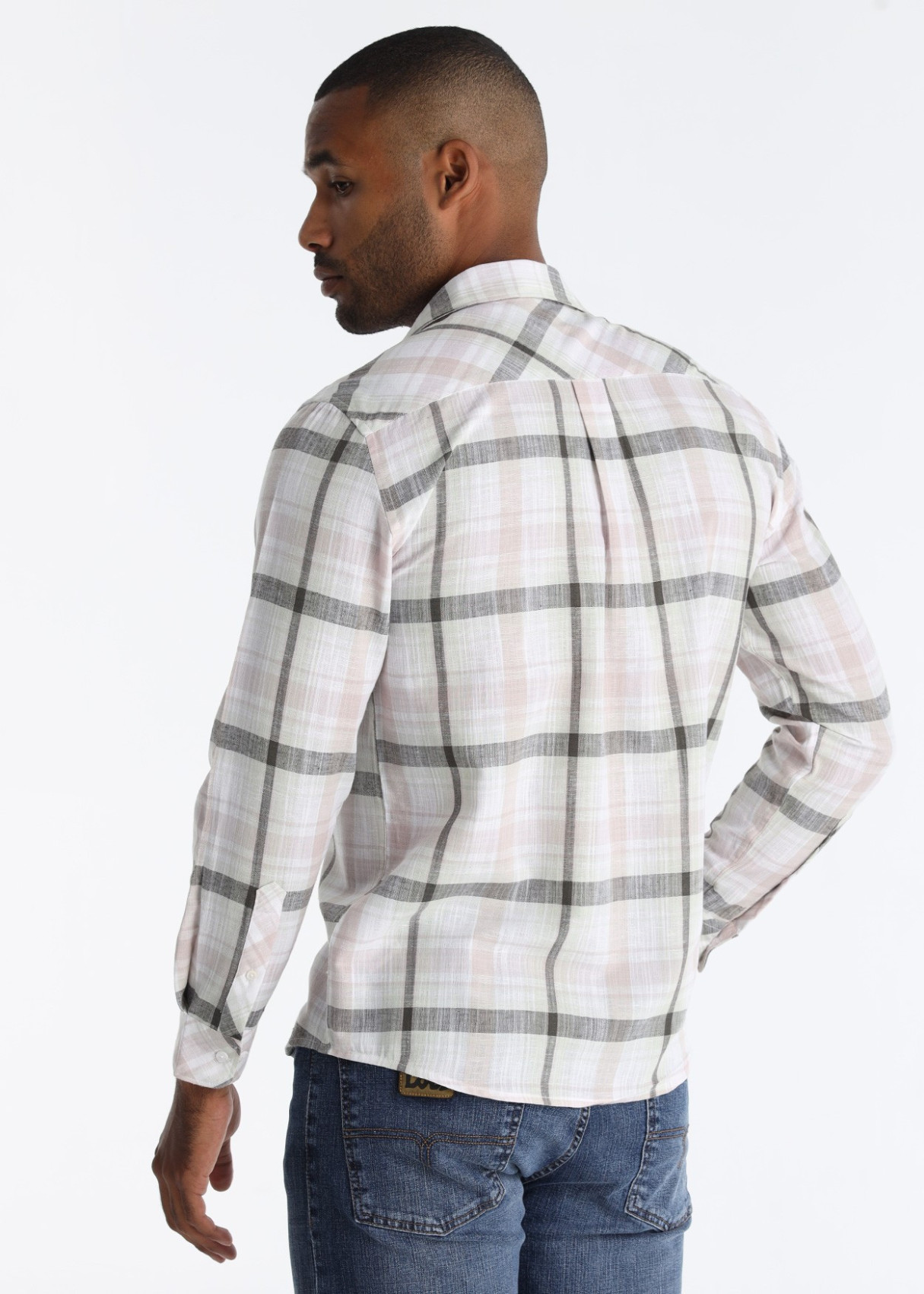Camisa Cuadros Mezcla Lino Algodón Blanco