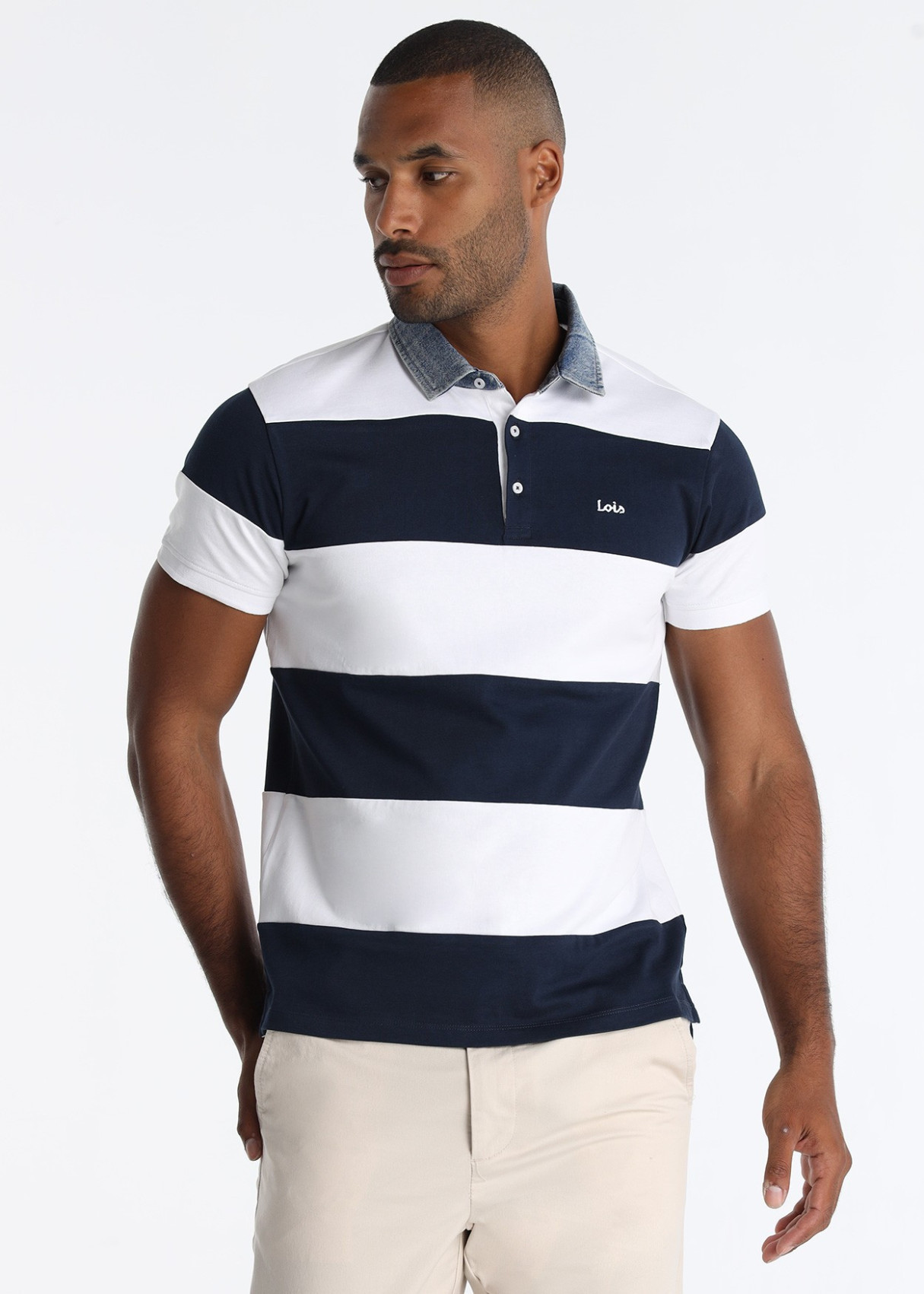 Polo Rayas Cuello Tejido Denim Auténtico Azul
