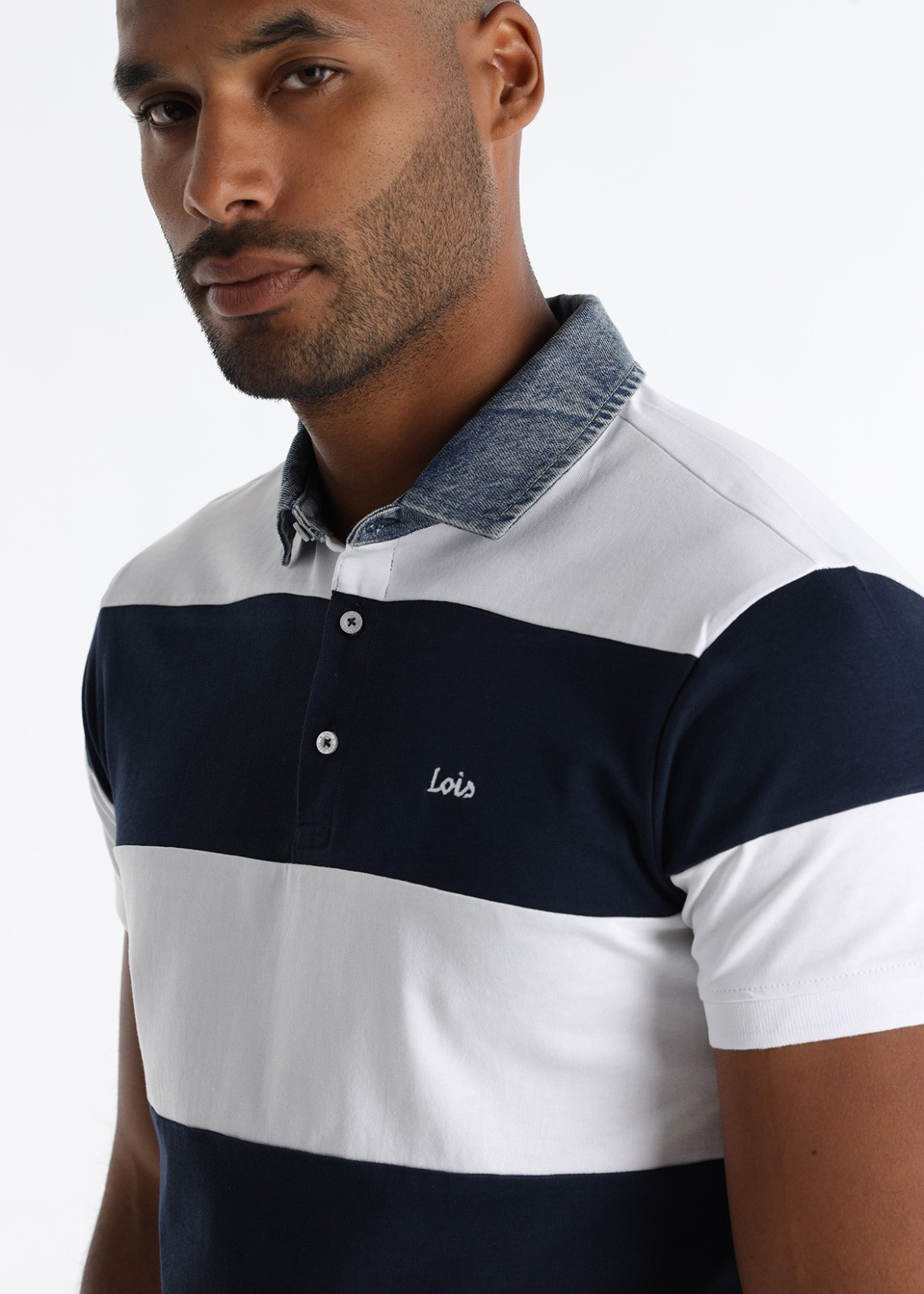 Polo Rayas Cuello Tejido Denim Auténtico Azul