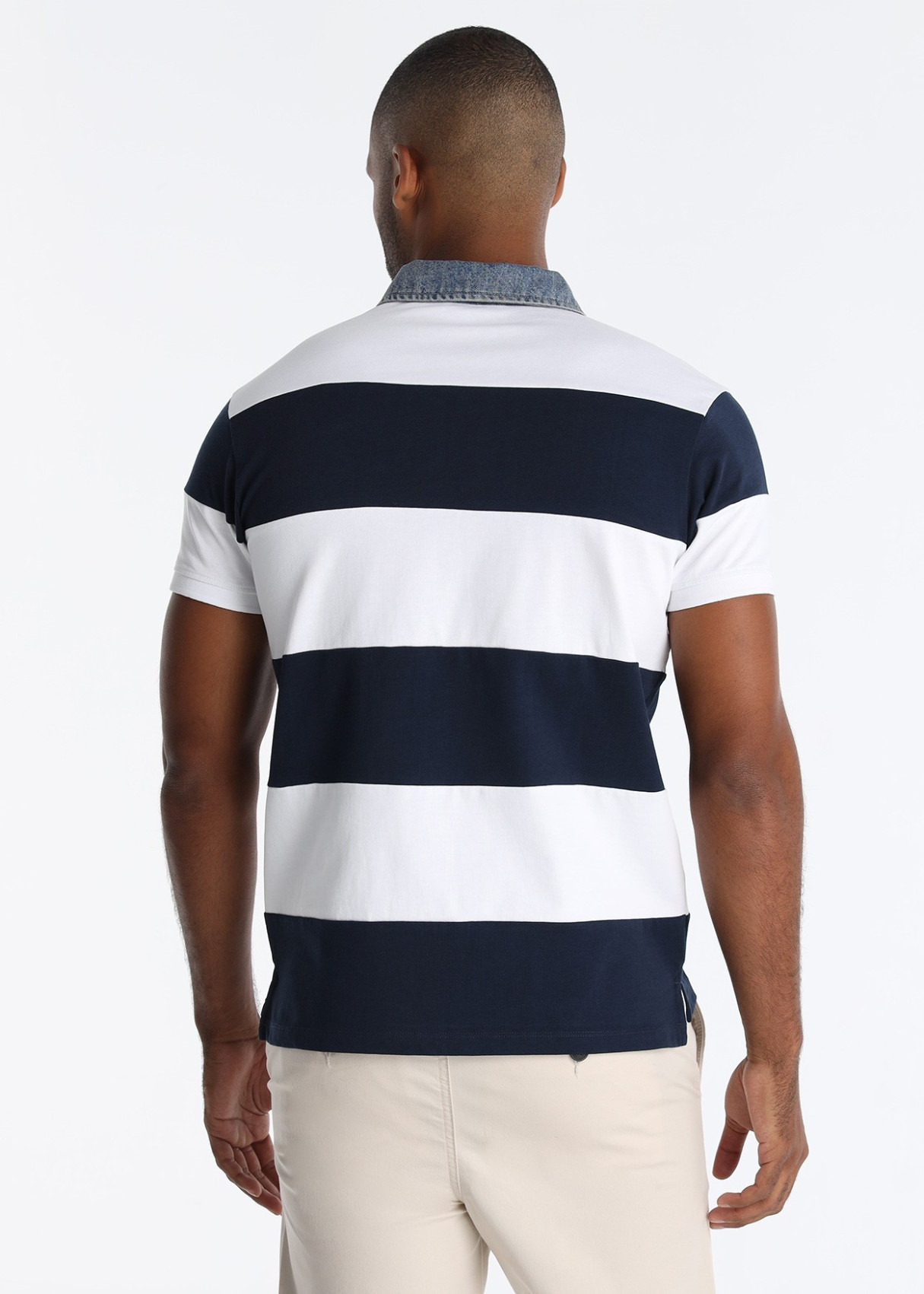 Polo Rayas Cuello Tejido Denim Auténtico Azul