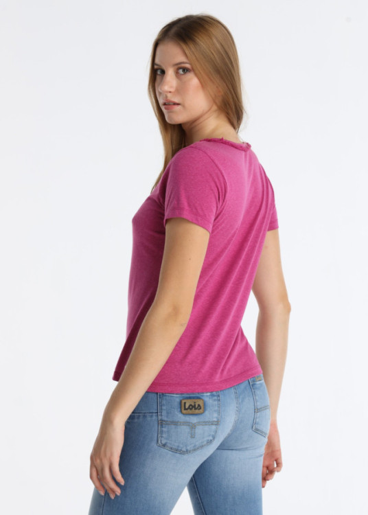 Camiseta Detalle Flecos Cuello Mezcla Suave Rosa