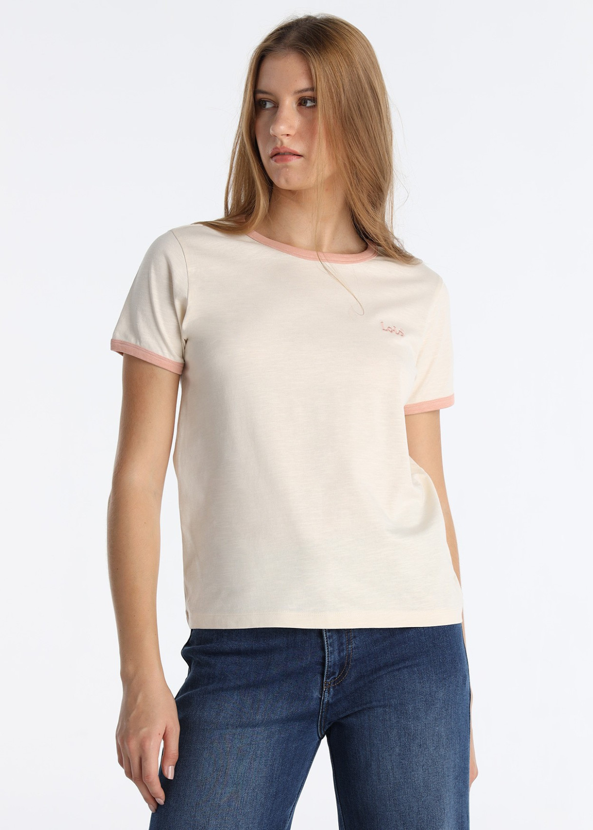 Camiseta De Algodón Slub Con Bordado Logotipo Beige