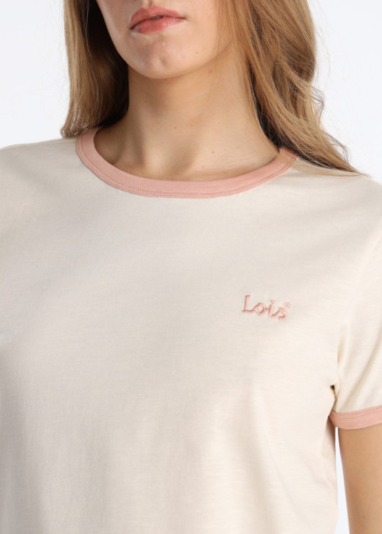 Camiseta De Algodón Slub Con Bordado Logotipo Beige