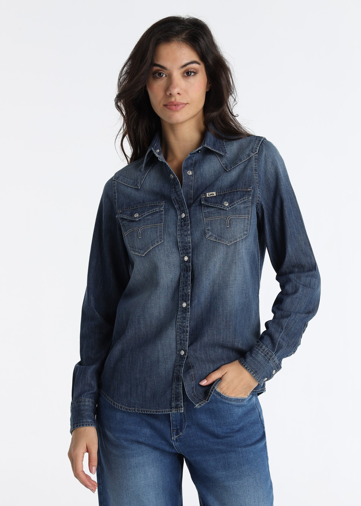 Camisa Vaquera Estilo Clásico Lavado Medium Blue Azul