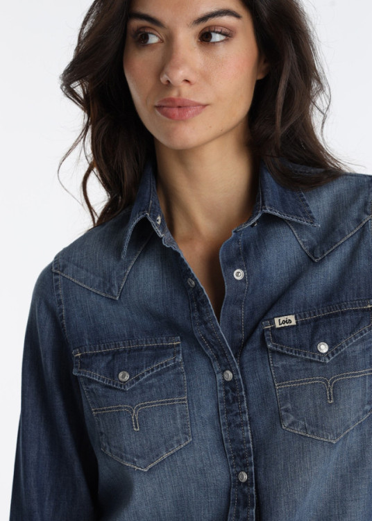 Camisa Vaquera Estilo Clásico Lavado Medium Blue Azul