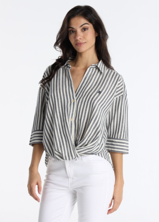 Blusa De Rayas Con Cierre De Botones Y Nudo Frontal Azul