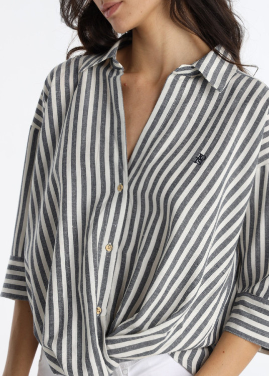 Blusa De Rayas Con Cierre De Botones Y Nudo Frontal Azul