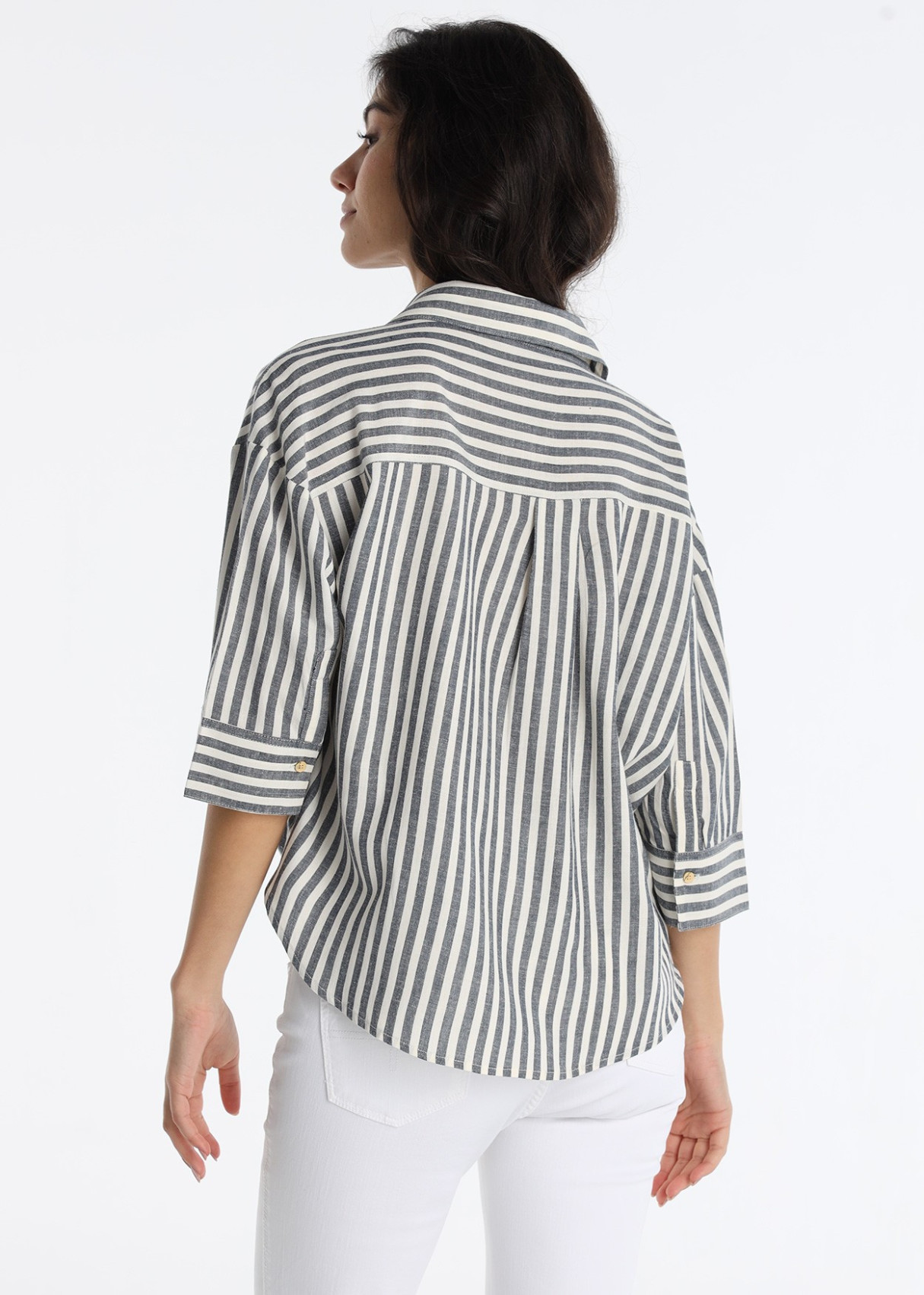 Blusa De Rayas Con Cierre De Botones Y Nudo Frontal Azul