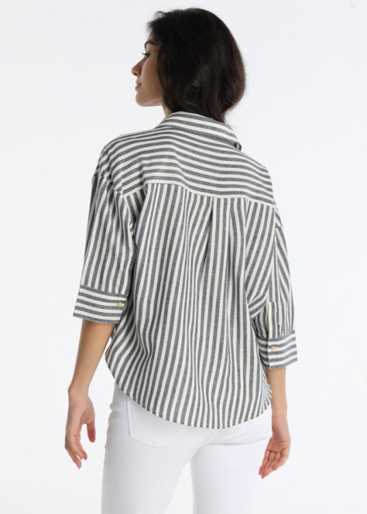 Blusa De Rayas Con Cierre De Botones Y Nudo Frontal Azul