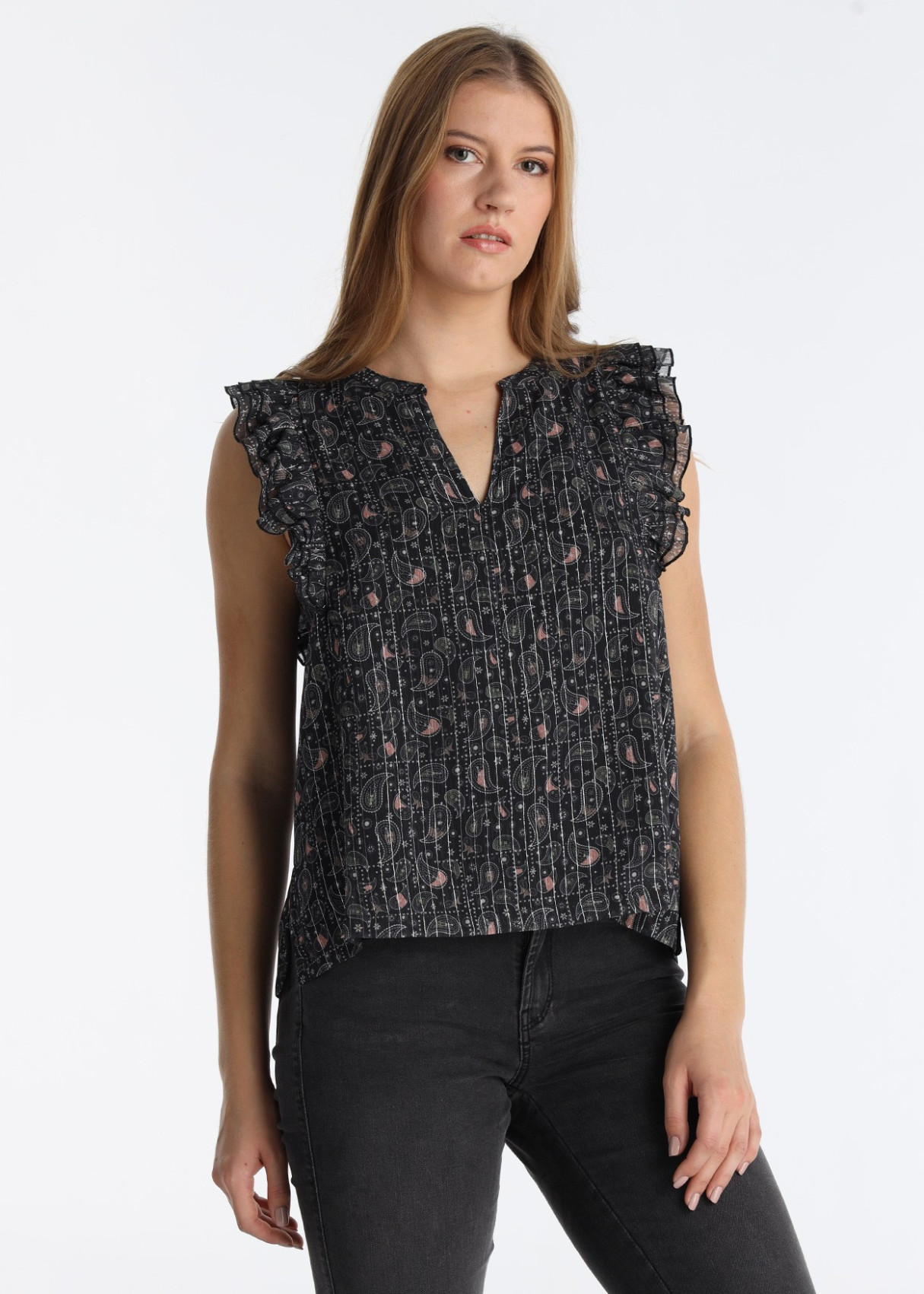 Blusa Con Volantes Y Estampado Paisley Multicolor Verde