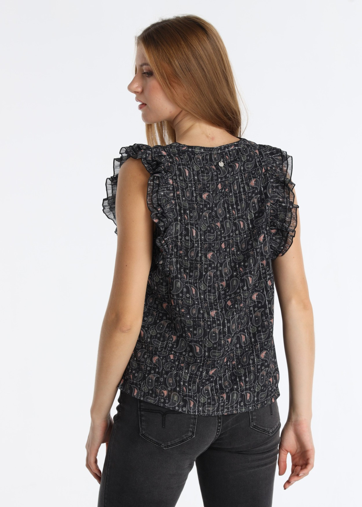 Blusa Con Volantes Y Estampado Paisley Multicolor Verde