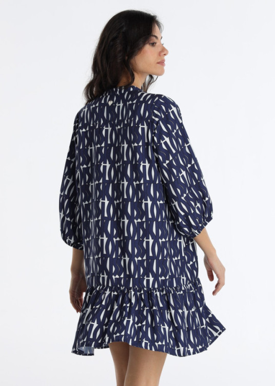 Vestido Corto Fluido Manga Abullonada Print KISS Azul