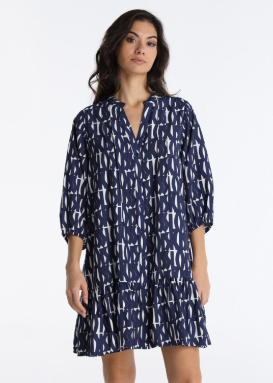 Vestido Corto Fluido Con Manga Abullonada Print KISS Azul