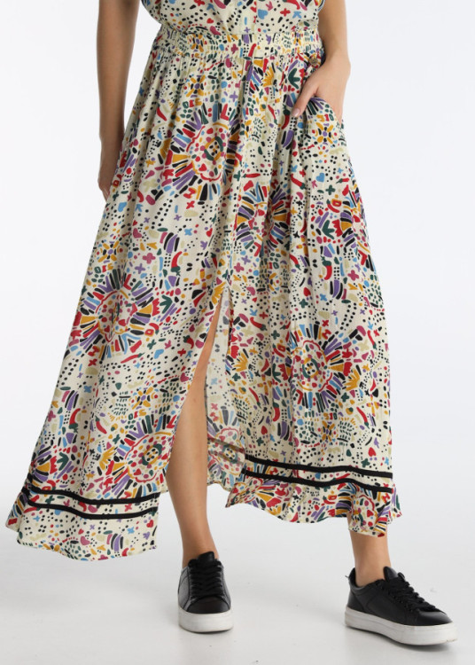 Falda Larga Fluida Estampado Diseño Tijuana Beige