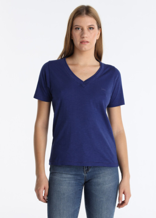Camiseta Algodón Doble Cuello Rib Azul