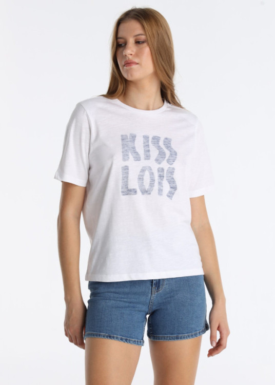 Camiseta Estampado Acuarela "KISS LOIS" Blanco