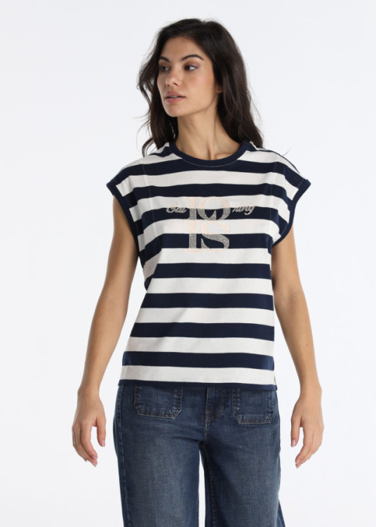 Camiseta Rayas Bordado Chainstitch Exclusivo Azul