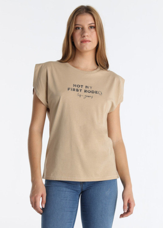 Camiseta Abertura Hombro Gráfica "RODEO" Marrón