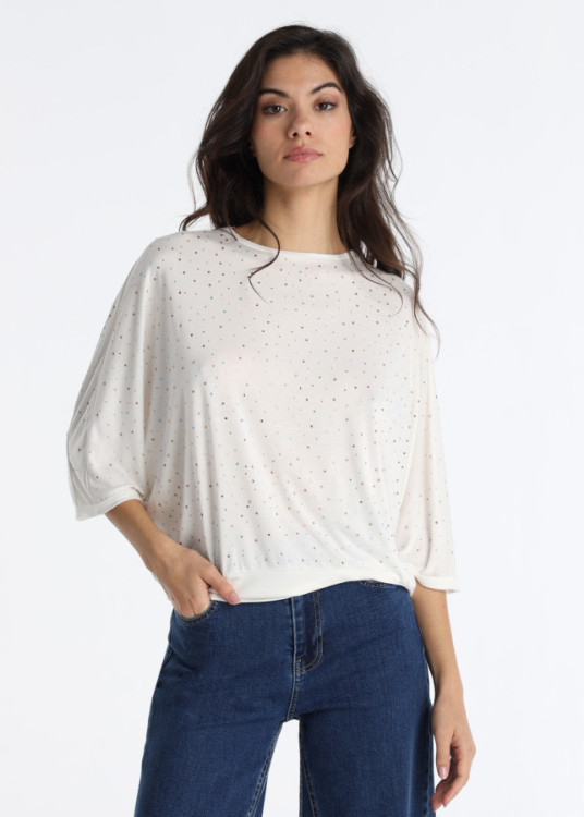 Top De Manga Murciélago Con Detalle De Piedras De Color Blanco