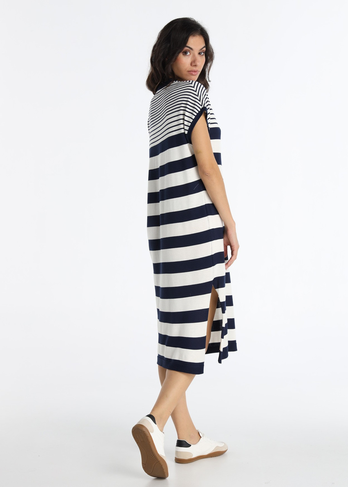 Vestido MIDI Rayas Irregulares Tejido Fluido Azul