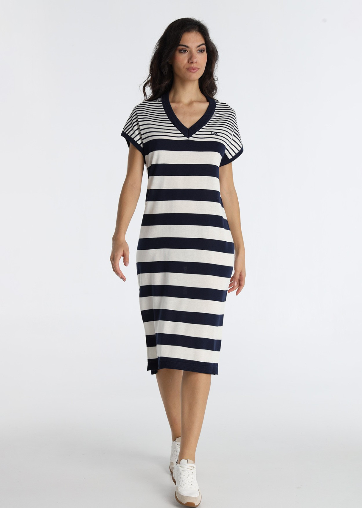 Vestido MIDI Rayas Irregulares Tejido Fluido Azul
